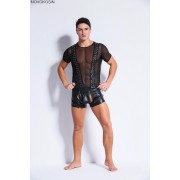 Fashion Black Faux Leather With Front Tulle Lace Up Top only