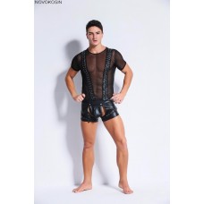 Fashion Black Faux Leather With Front Tulle Lace Up Top only