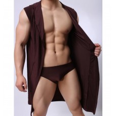 Mens Sexy Sleeveless Hooded Robe - Brown