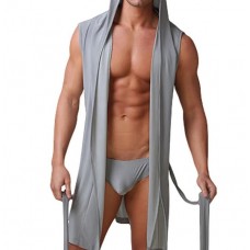 Mens Sexy Sleeveless Hooded Robe - Grey